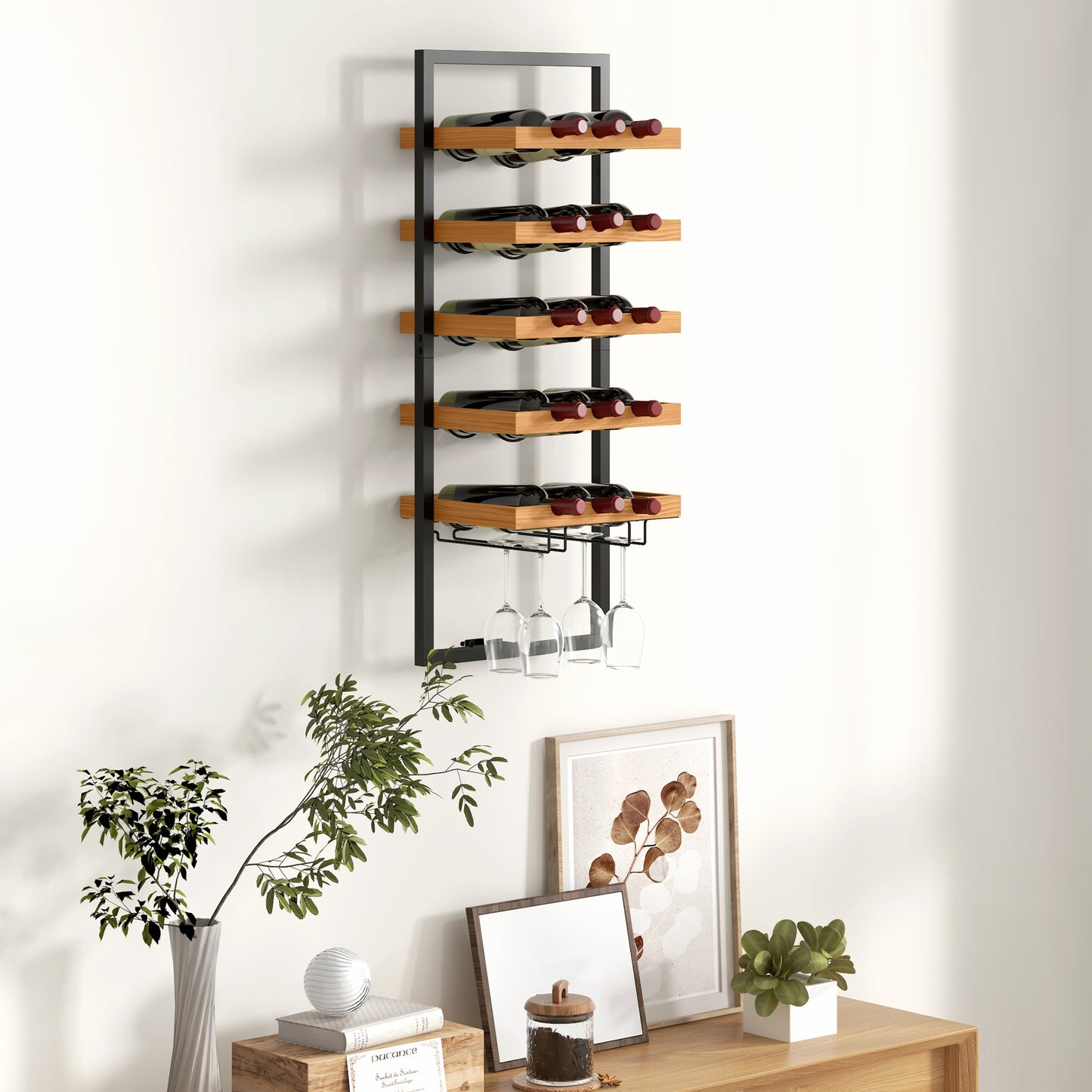 HOMCOM Wand-Weinregal, 5 Ebenen, Flaschenhalter, Gläserhalter, Kiefernholz, Stahl, Hausbar, Küche, Wohnzimmer, Braun