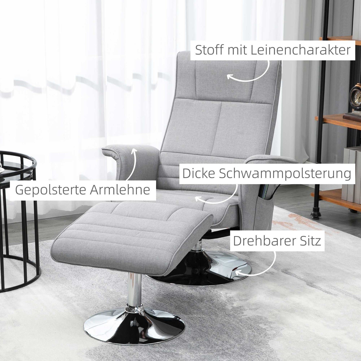 HOMCOM Massagesessel mit Hocker، neigbare Lehne، 78 × 95 × 88 سم، Hellgrau