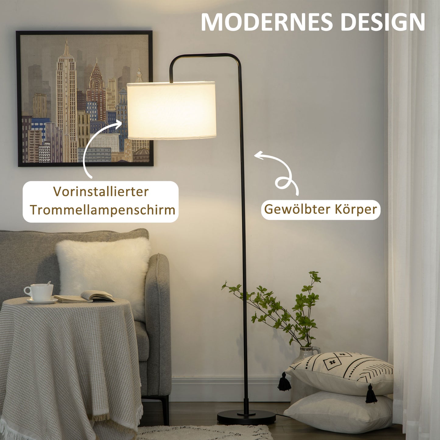HOMCOM Stehlampe mit Fußschalter, Bodenlampe mit Stoffschirm, Stahl, Weiß