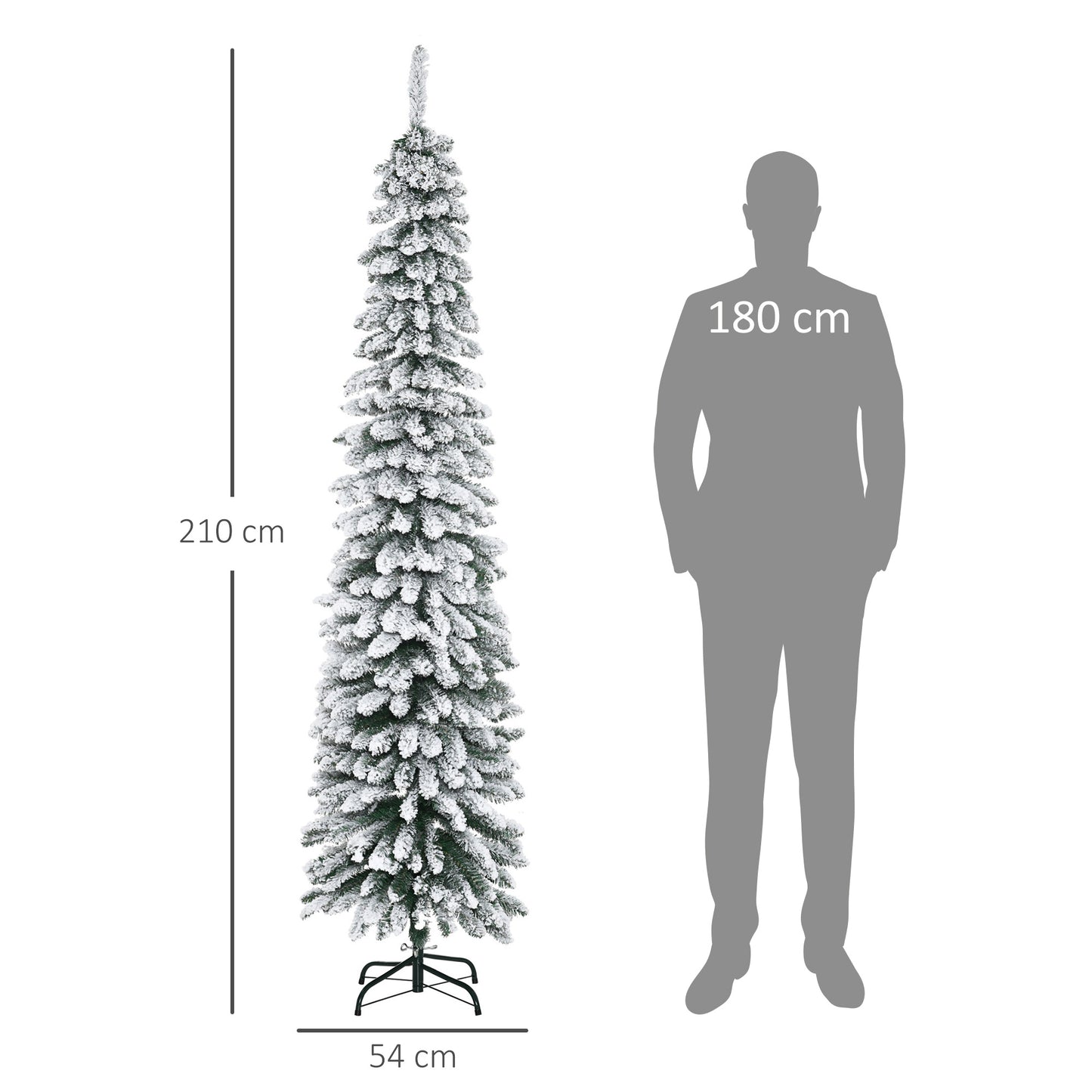 HOMCOM Künstlicher Weihnachtsbaum, schneebedeckt, schmales Design, feuerfest, 210 cm, Grün/Weiß