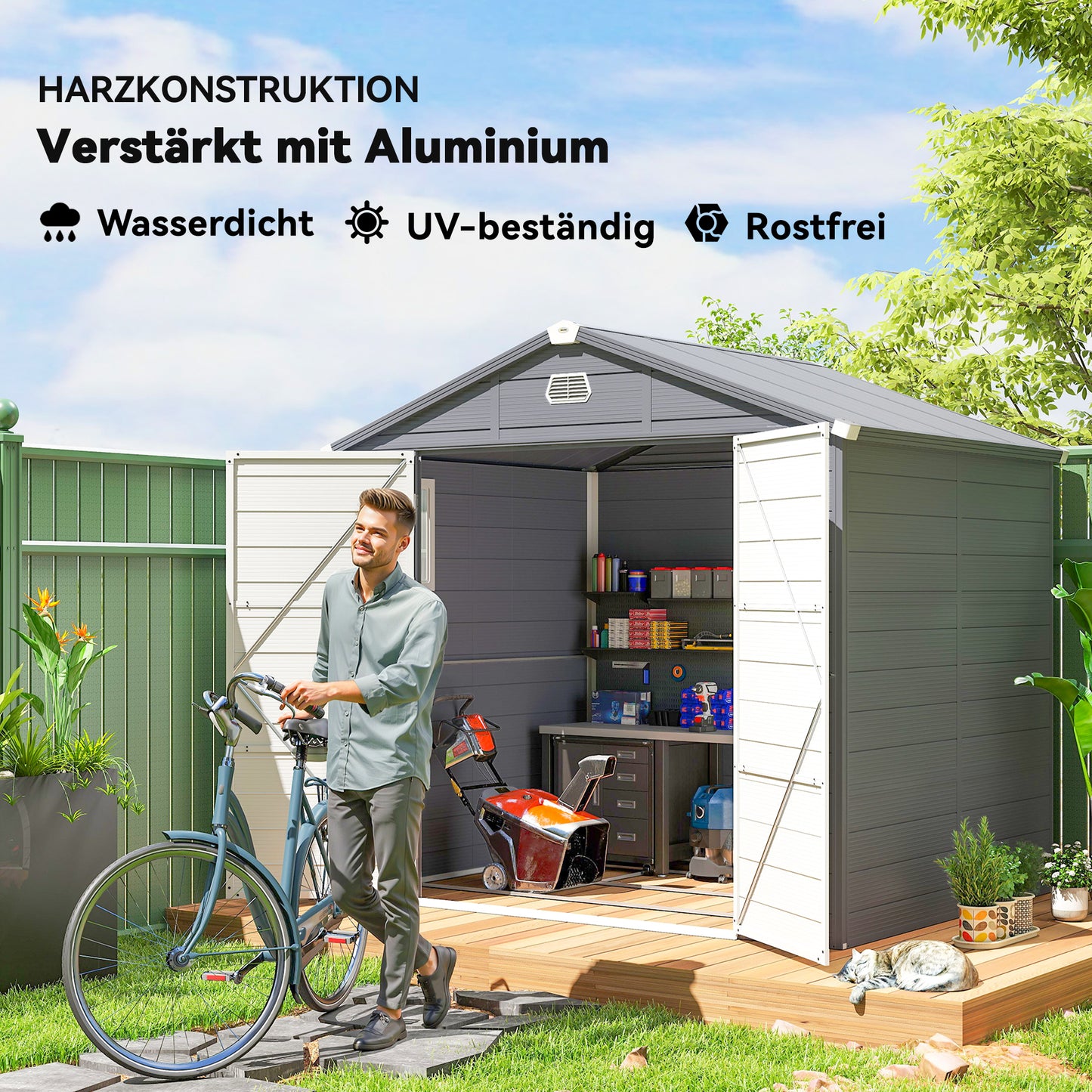 Outsunny Gerätehaus, Gartenhaus, Geräteschuppen mit Lüftungsfenster, Kunststoff, Metall, 240 x 190 x 180/228, Grau