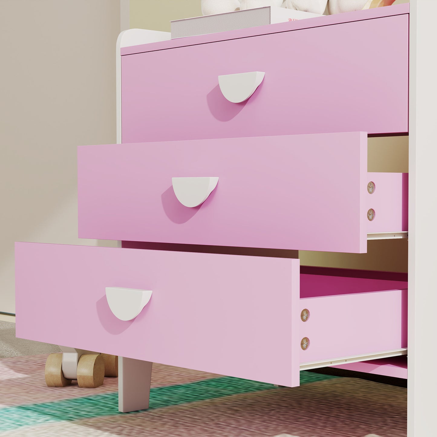 AIYAPLAY Kinder-Kommode mit 3 Schubladen, MDF, Aufbewahrungsschrank für Kinder, Rosa+Weiß