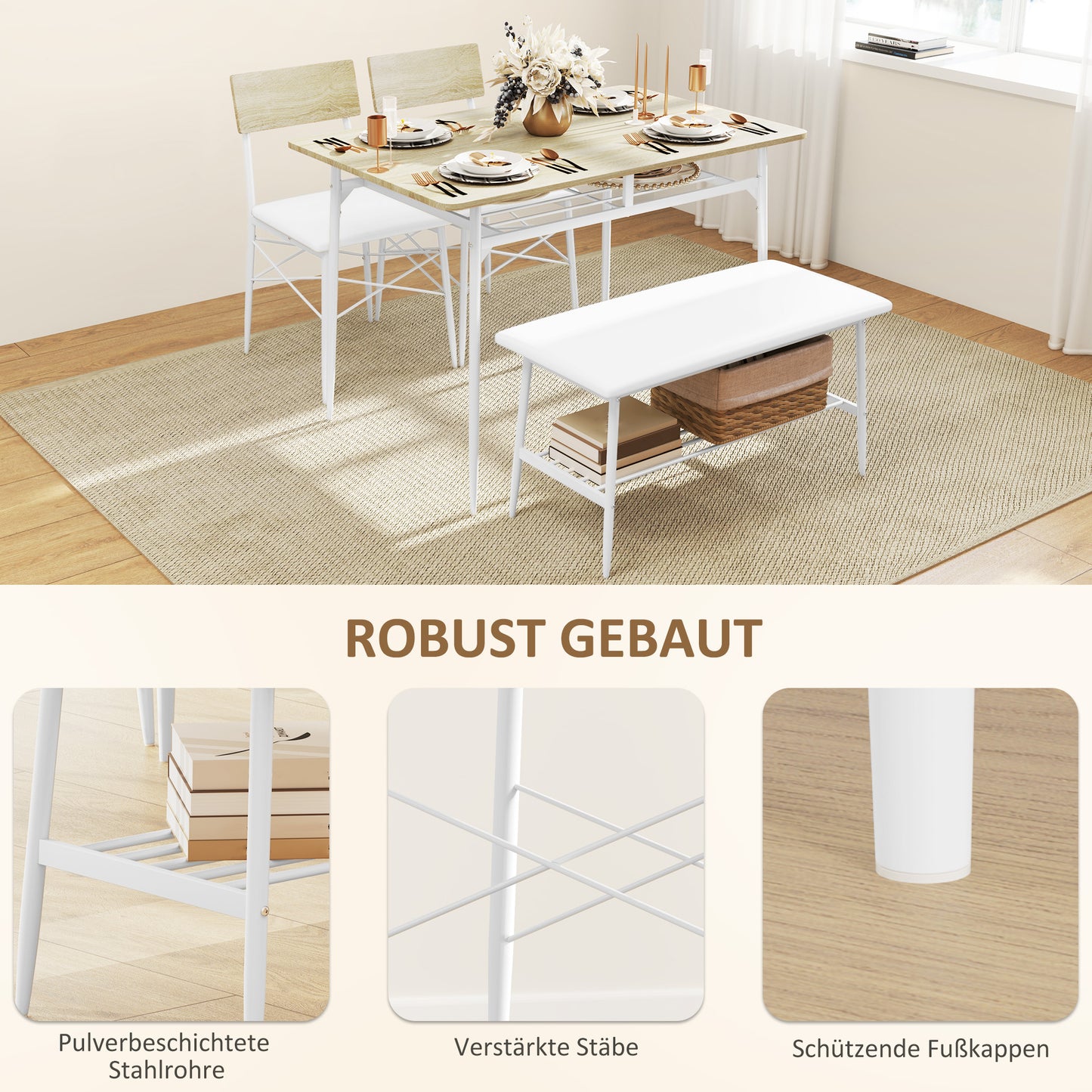 HOMCOM 4-teiliges Esstisch-Set mit Stühlen und Bank für 4 Personen, gepolsterte Sitze, Stahlrahmen, Holz, Eiche
