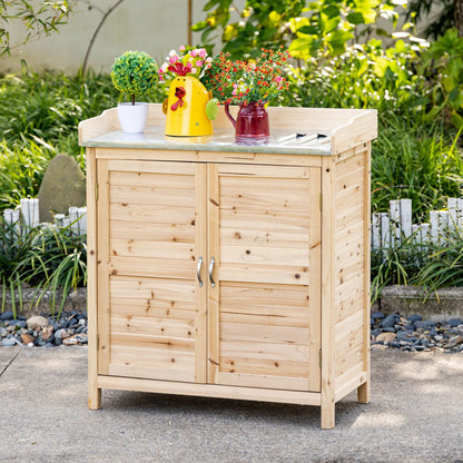 Outsunny Gartenschrank mit 2 Fächern, Metall-Arbeitsplatte mit Aufkantung, Naturholz, 83 x 40 x 92 cm