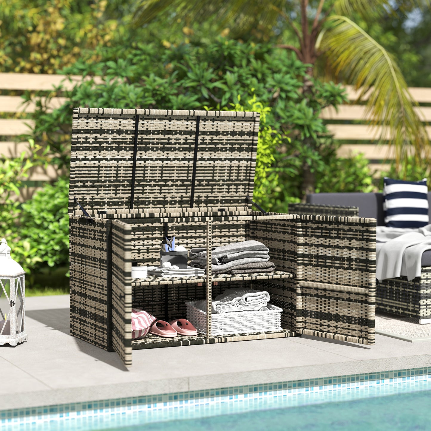 Outsunny Rattan Auflagenbox 350L 2-Ebenne Kissenbox mit Deckel Hebestangen Tragegriffe 118 x 57 x 69 cm Mischgrau