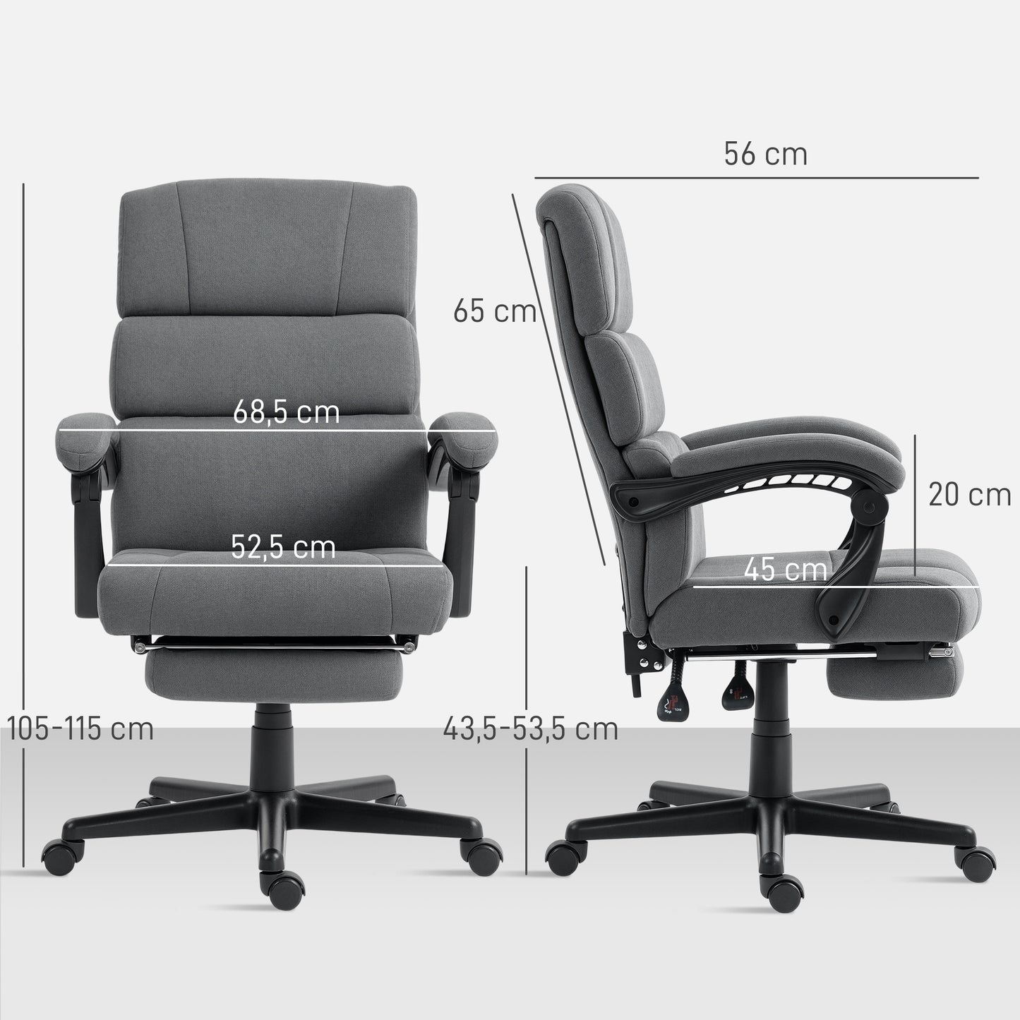 HOMCOM Gepolsterter Bürostuhl mit Samt-Optik, höhenverstellbar, rollbar, Grau