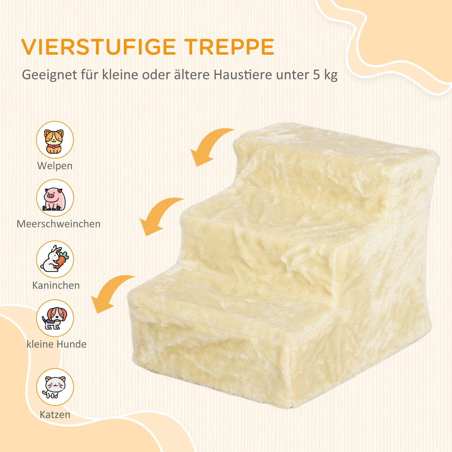 PawHut Faltbare Haustiertreppe, 3 Stufen, waschbarer Plüschbezug, Spanplatte, 46 x 35 x 35 cm, Beige