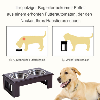 PawHut Erhöhter Hundenapf Futternapf mit 2 Näpfe Wassernapf 2 x 900ml Edelstahlnäpfen Fressnapf Futterstation Hundenäpfe für kleine Hunde Katzen Espresso