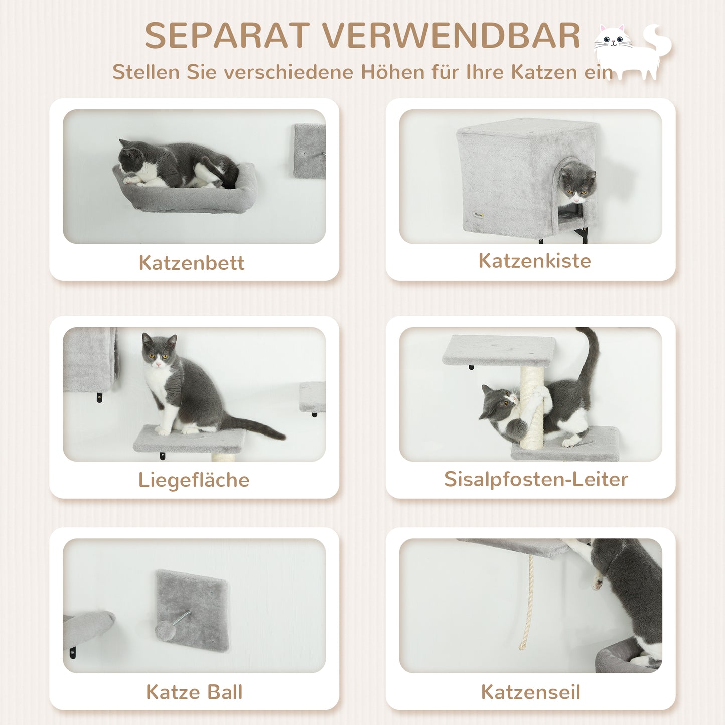 PawHut Kletterwand Katzen 7-teilig Katzen Kletterwand Set mit Katzenhaus, Plattform, Plattform Grau