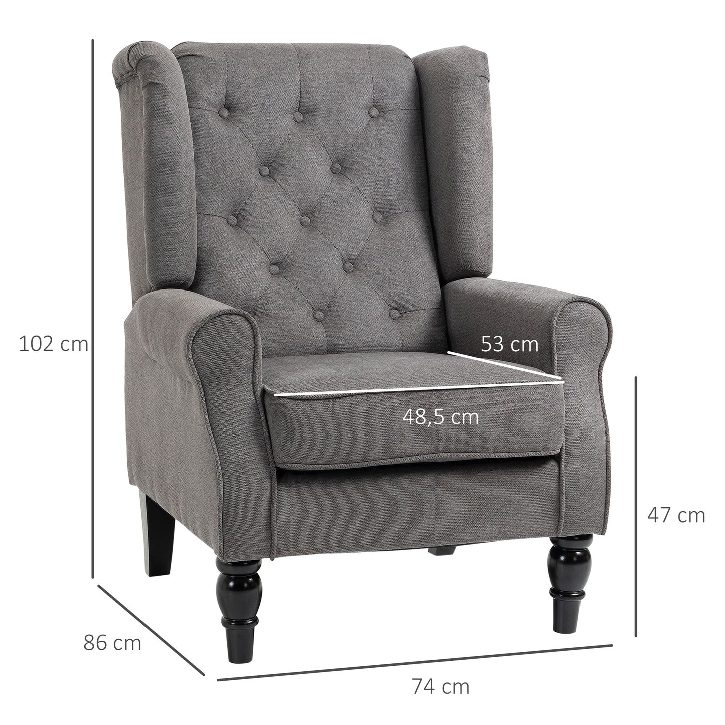 HOMCOM Ohrensessel im Vintage-Design, Lesesessel, Akzentsessel, Holzbeine, Knopfheftung, Grau + Schwarz