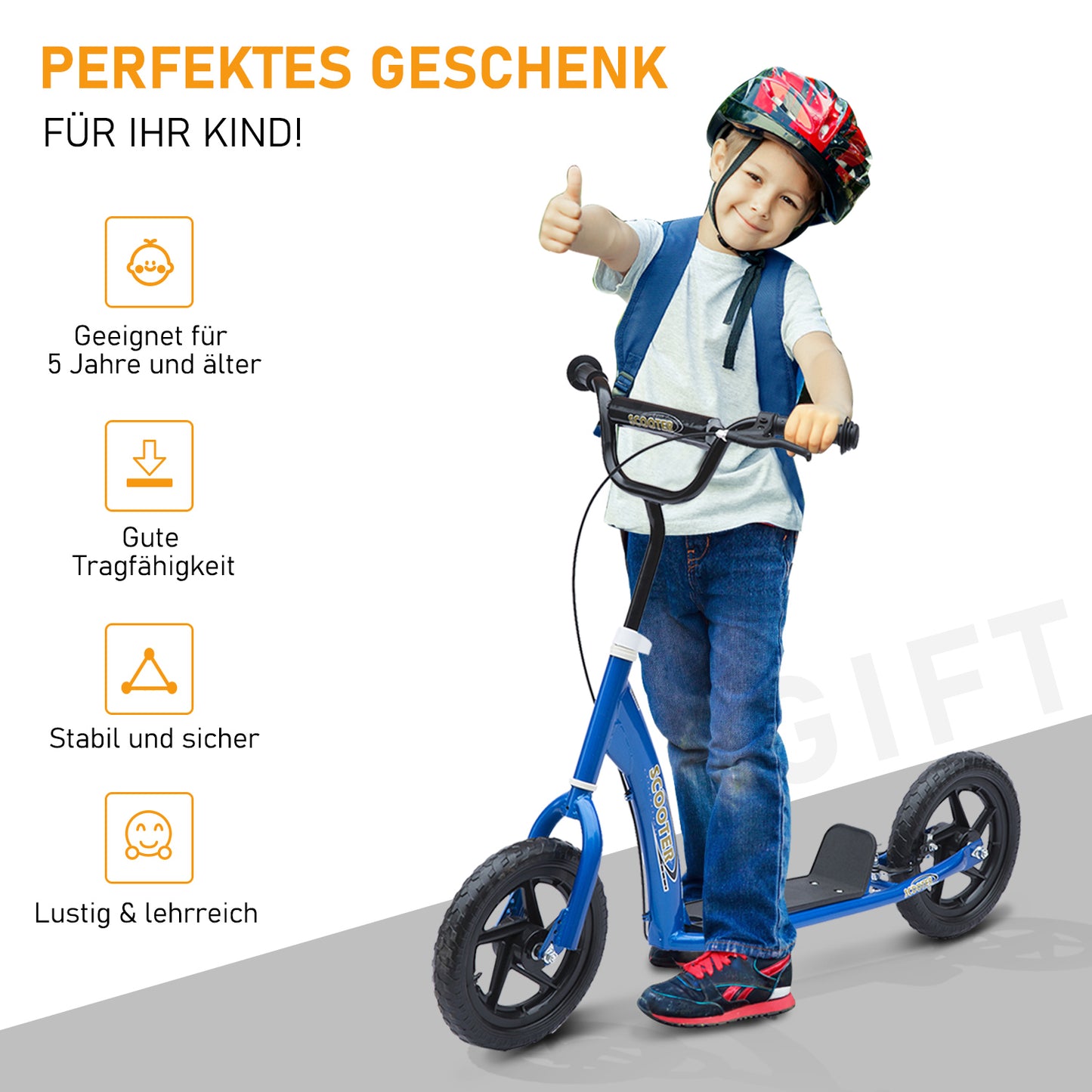 HOMCOM Kinderroller mit Hinterbremse Kickscooter 12 Zoll Tretroller Roller Scooter Cityroller für Kinder Kickboard Höhenverstellbar Stahl EVA Blau 120 x 52 x 80-88 cm