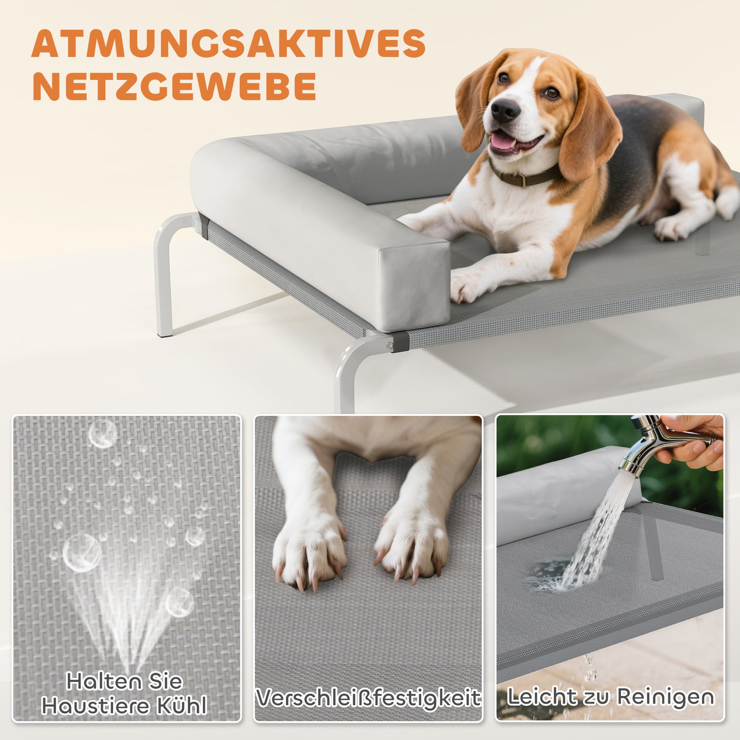 PawHut Hundeliege Outdoor, Erhöhtes Hundebett für Mittelgroße Hunde, mit L-förmige Kissen 110x75x30cm, Hellgrau