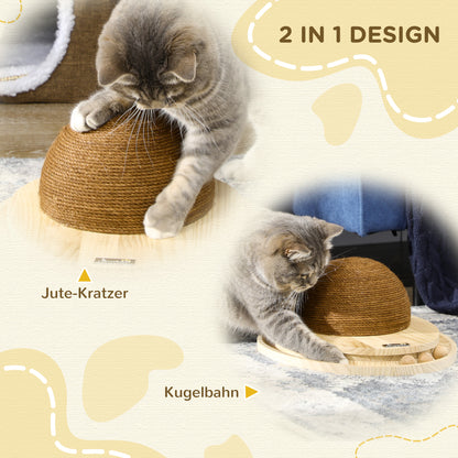 PawHut interaktives Katzenspielzeug, Kratzfläche, ovale Kugelbahn, Kiefernholz, 39,5 x 32,5 x 14,5 cm