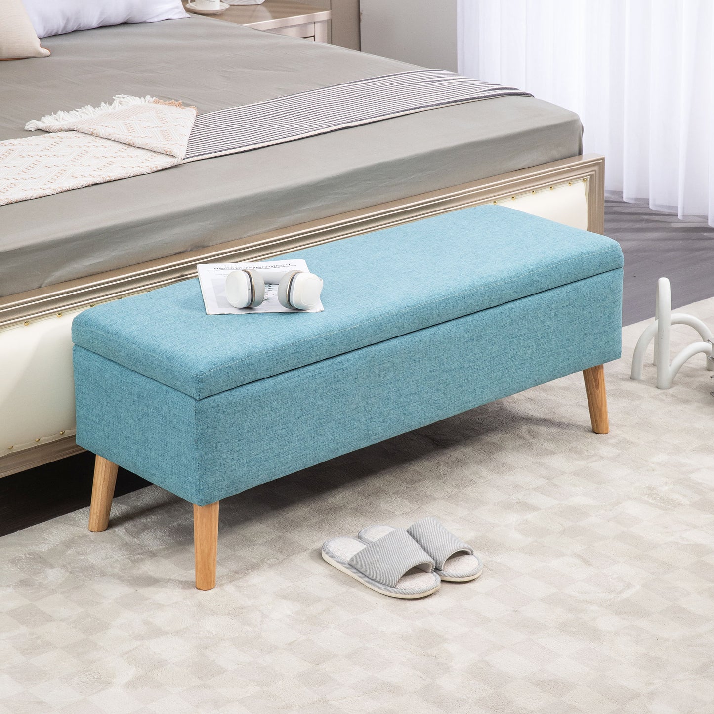 HOMCOM Sitzbank mit Stauraum, bis 220 kg, Leinenoptik, 110x39x45cm, Blau