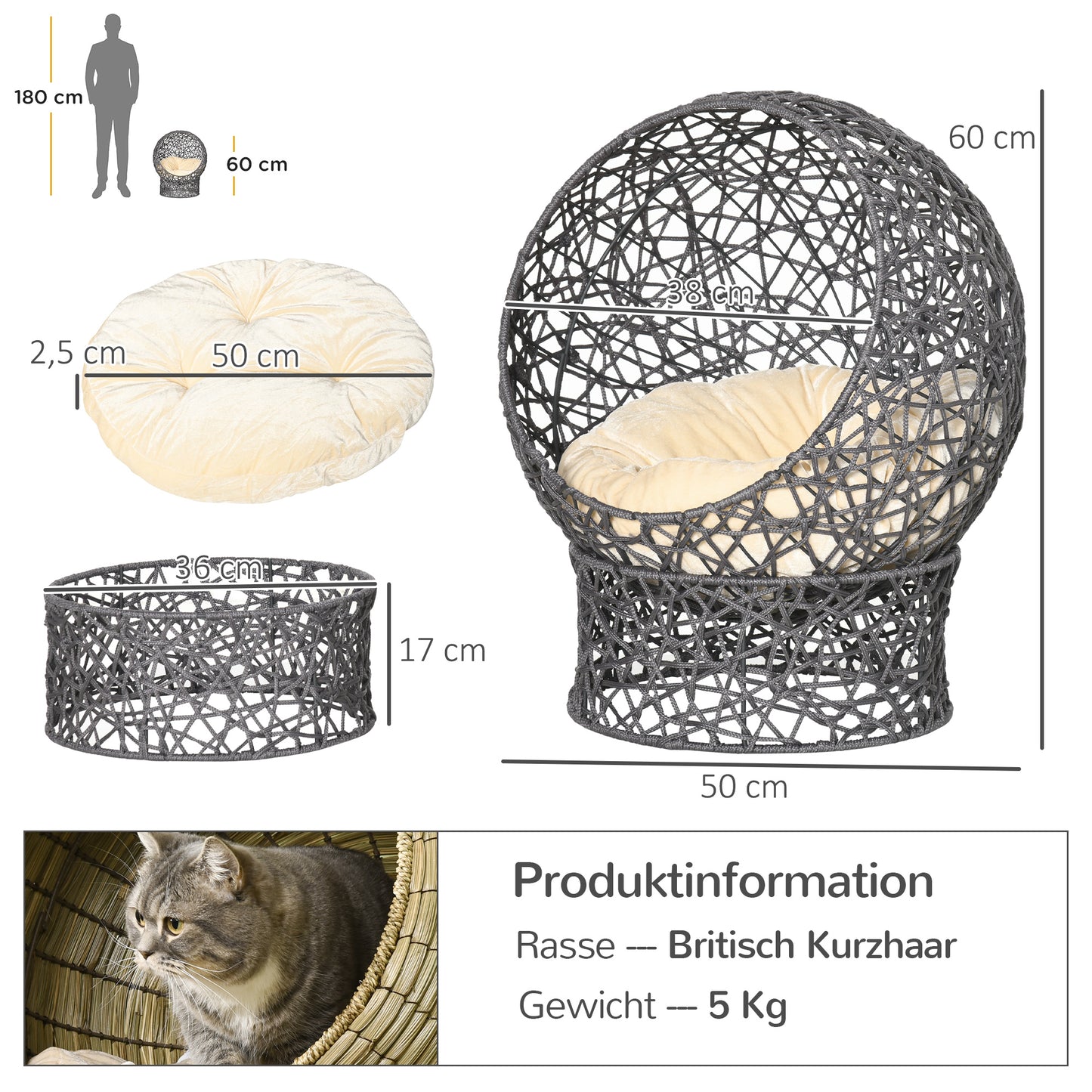 PawHut Katzenkorb, Katzenhöhle inkl. Kissen, 2-teilig, 50 cm x 50 cm x 60 cm, Cremeweiß + Anthrazit