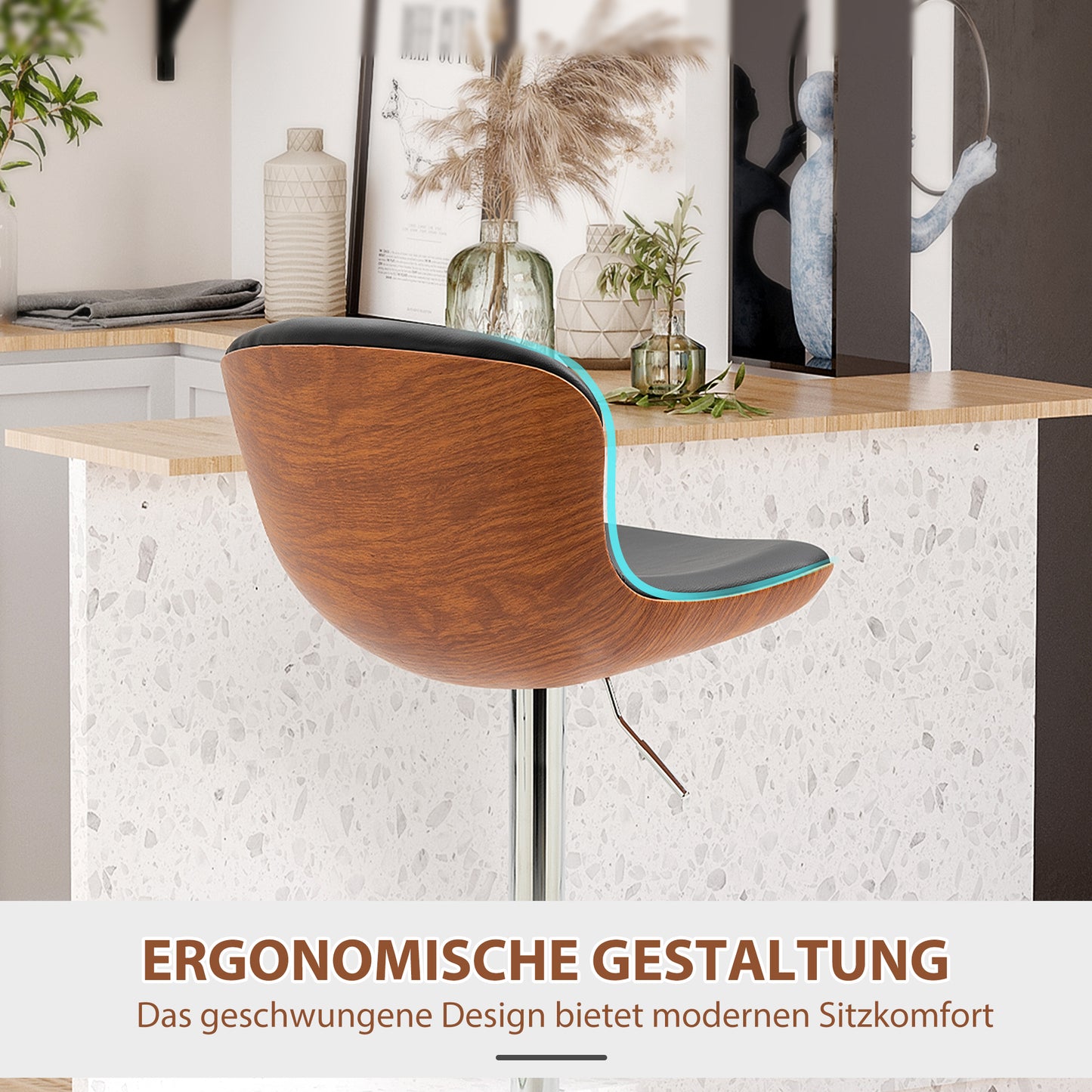 HOMCOM 2er-Set Barhocker mit Fußstütze, Barstuhl mit Rückenlehne, Bistrohocker, Esszimmerstuhl höhenverstellbar drehbar, Kunstleder, Schwarz, 46 x 53,5 x 85-106 cm