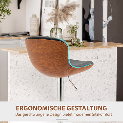 HOMCOM 2er-Set Barhocker mit Fußstütze, Barstuhl mit Rückenlehne, Bistrohocker, Esszimmerstuhl höhenverstellbar drehbar, Kunstleder, Schwarz, 46 x 53,5 x 85-106 cm