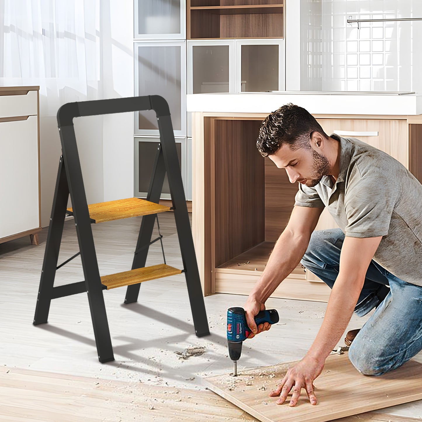 HOMCOM 2-stufige Trittleiter، Metall، faltbar، rutschfeste Plattform، Schwarz