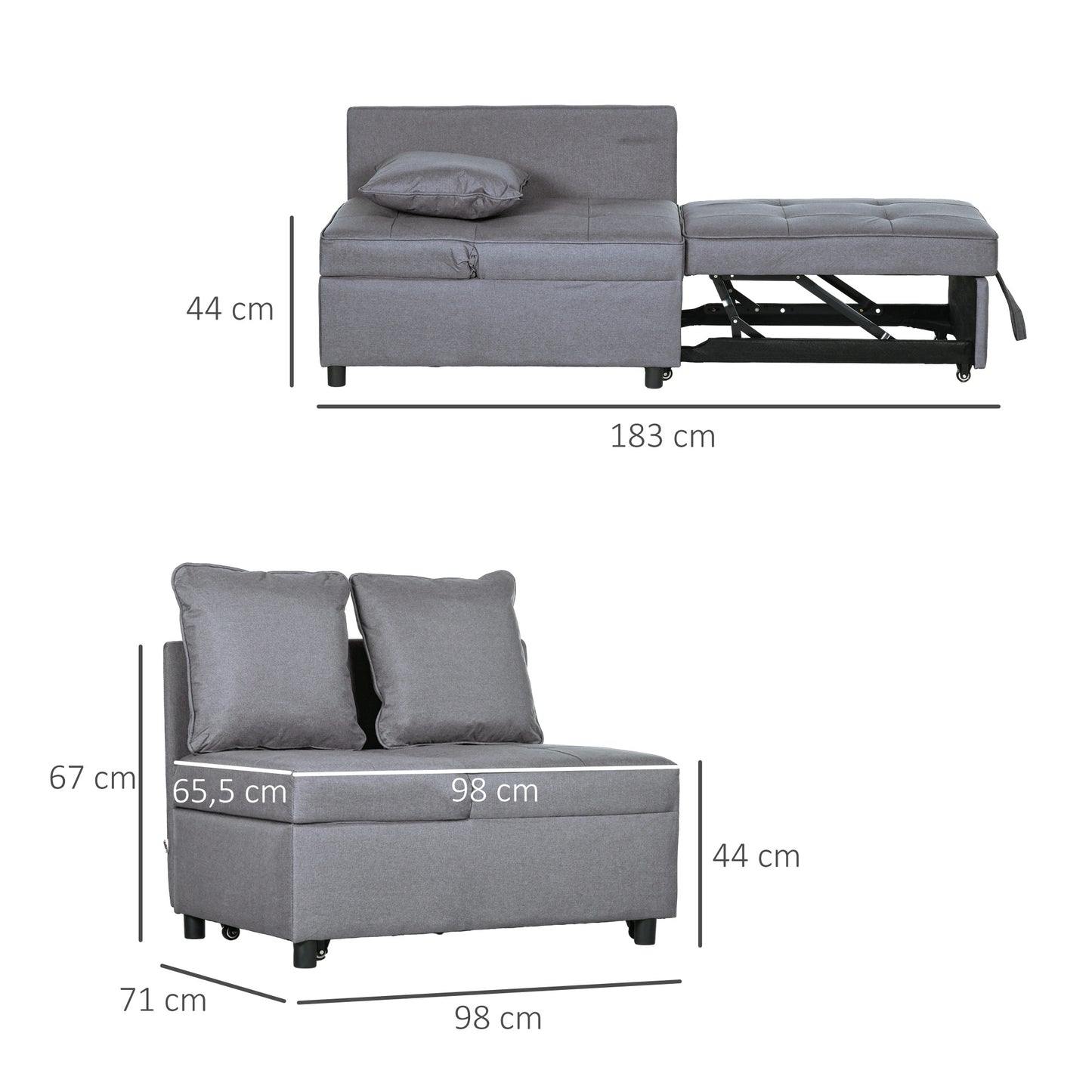HOMCOM Schlafsessel, 2-Sitzer-Sessel mit Bettfunktion, klappbarer Polstersessel mit 2 Kissen, Bezug in Leinenoptik, Dunkelgrau