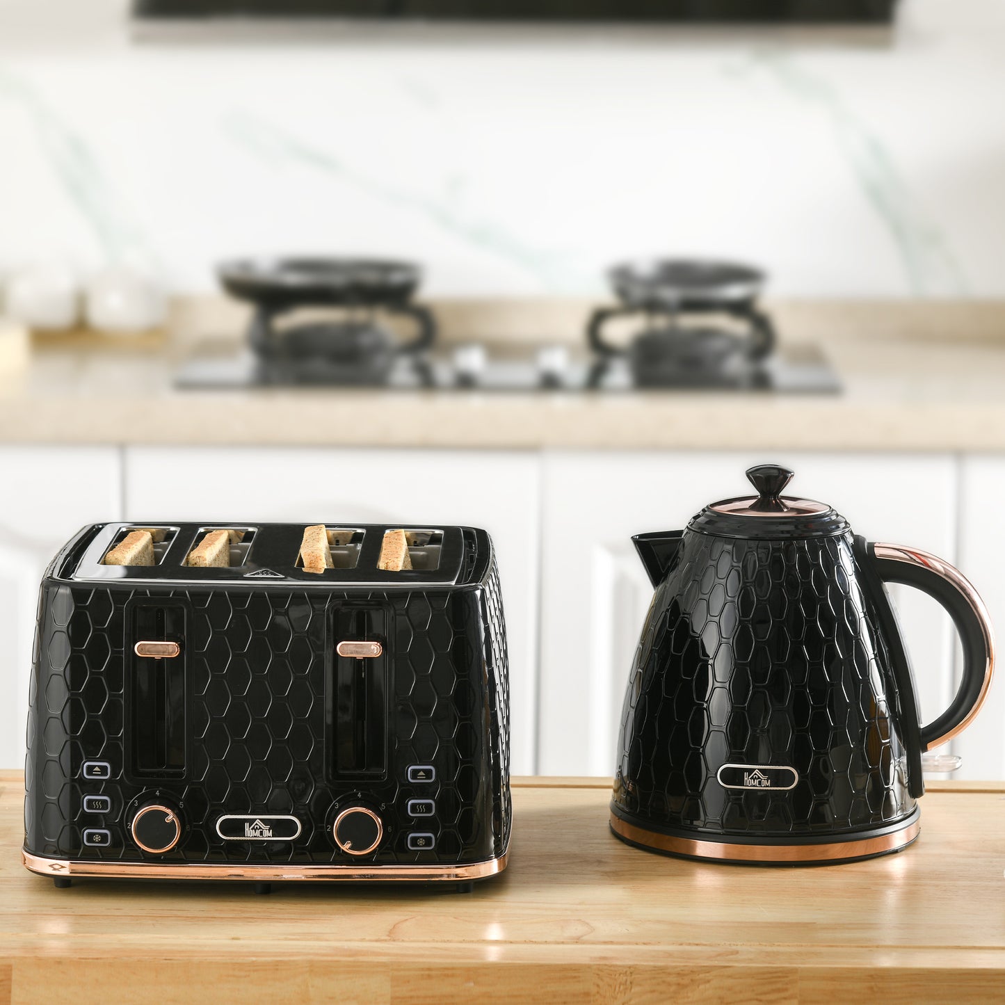 HOMCOM 2-in-1 Küchenset, Toaster und Wasserkocher, mehrere Optionen, 1,7 L, 4 Toastscheiben gleichzeitig, Kunststoff, Schwarz