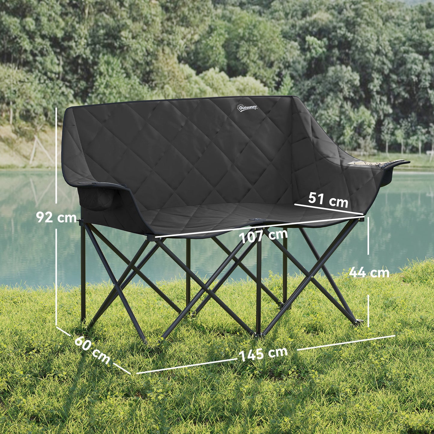 Outsunny Faltstuhl faltbar 2 Sitzer Campingstuhl mit Tragetasche Outdoor bis 250kg belastbar 145 x 60 x 92 cm Schwarz