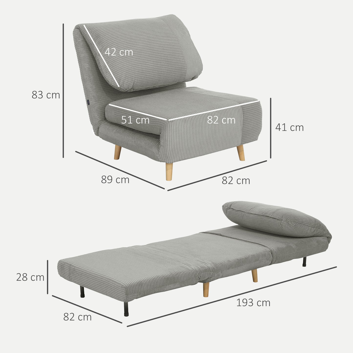 HOMCOM 2-in-1 Schlafsessel Gästebett، verstellbare Kopfstütze Cord-Optik 82 سم × 8 سم × 83 سم غراو