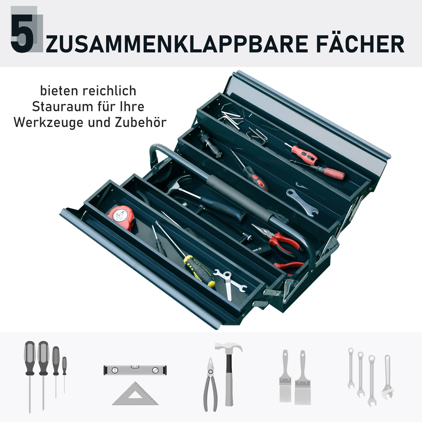 DURHAND Werkzeugkasten Werkzeugkoffer Montage Werkzeugkiste leer platzsparend mit 5 Fächer aufklappbar stabil Stahl (SPCC) Dunkelgrün 45 x 20 x 34,5 cm