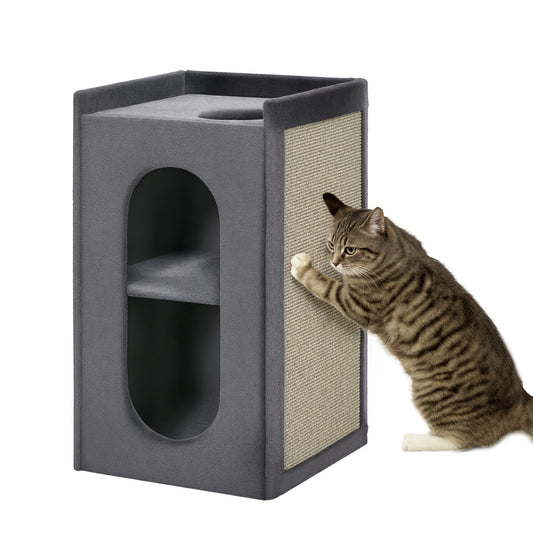 PawHut Kratztonne mit 2 Katzenhöhlen, 1 Liegefläche, Sisal-Kratzmatte, Plüsch, Grau + Natur