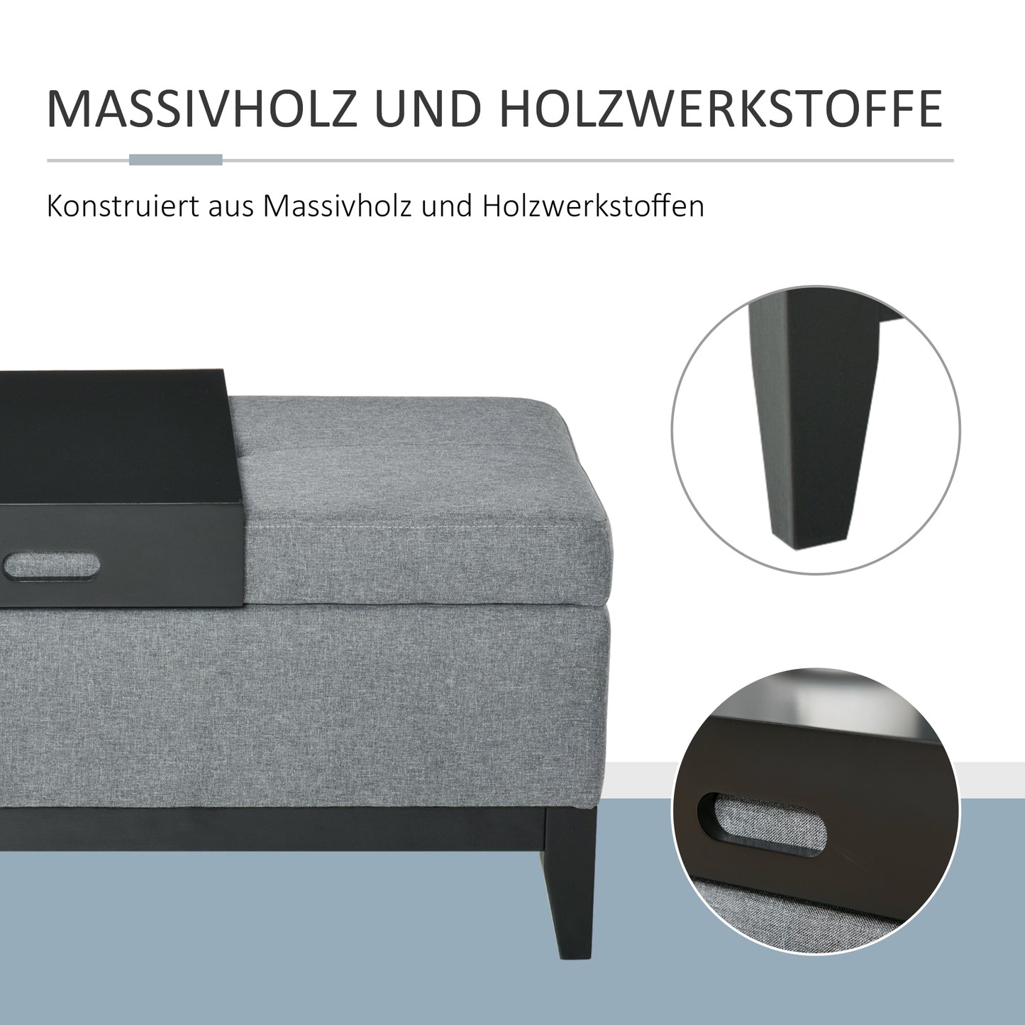 HOMCOM Sitzbank mit Stauraum, abnehmbarem Tablett Polsterbank mit Leinenoptik, Sitztruhe mit Holzbeine, Truhenbank für Wohnzimmer Schlafzimmer Flur 107 x 50 x 44 cm, Dunkelgrau