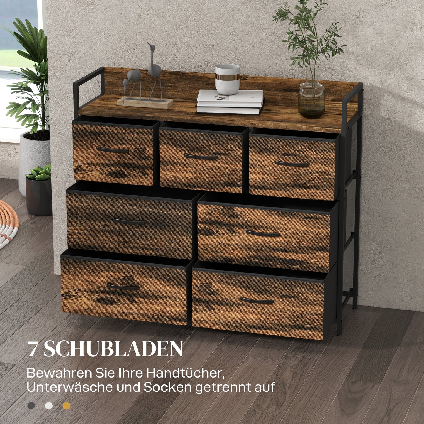 HOMCOM Kommode, Sideboard mit 7 Stoffschubladen, Industrial Design, Stahlrahmen, 98x29x85cm, Braun/Schwarz
