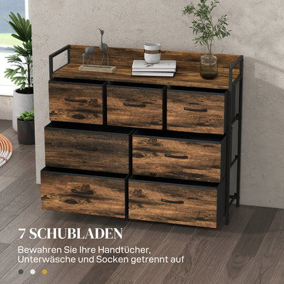 HOMCOM Kommode, Sideboard mit 7 Stoffschubladen, Industrial Design, Stahlrahmen, 98x29x85cm, Braun/Schwarz
