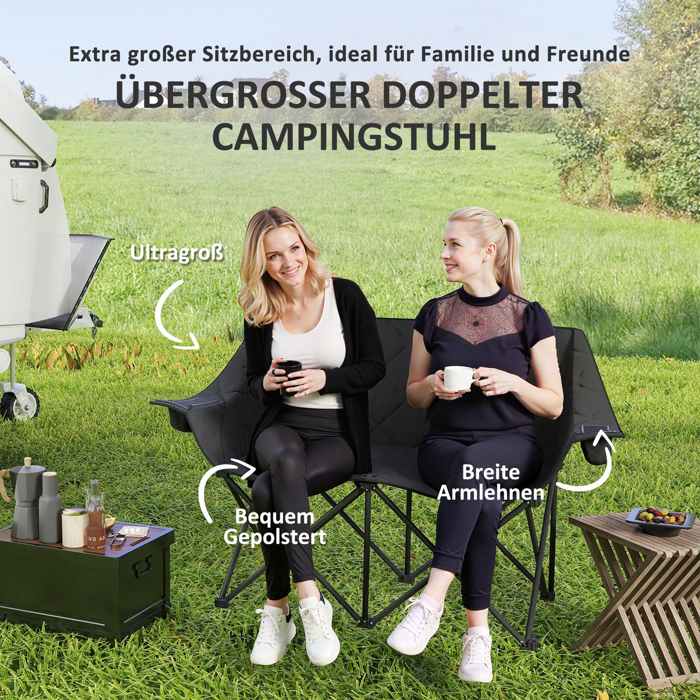 Outsunny Faltstuhl faltbar 2 Sitzer Campingstuhl mit Tragetasche Outdoor bis 250kg belastbar 145 x 60 x 92 cm Schwarz