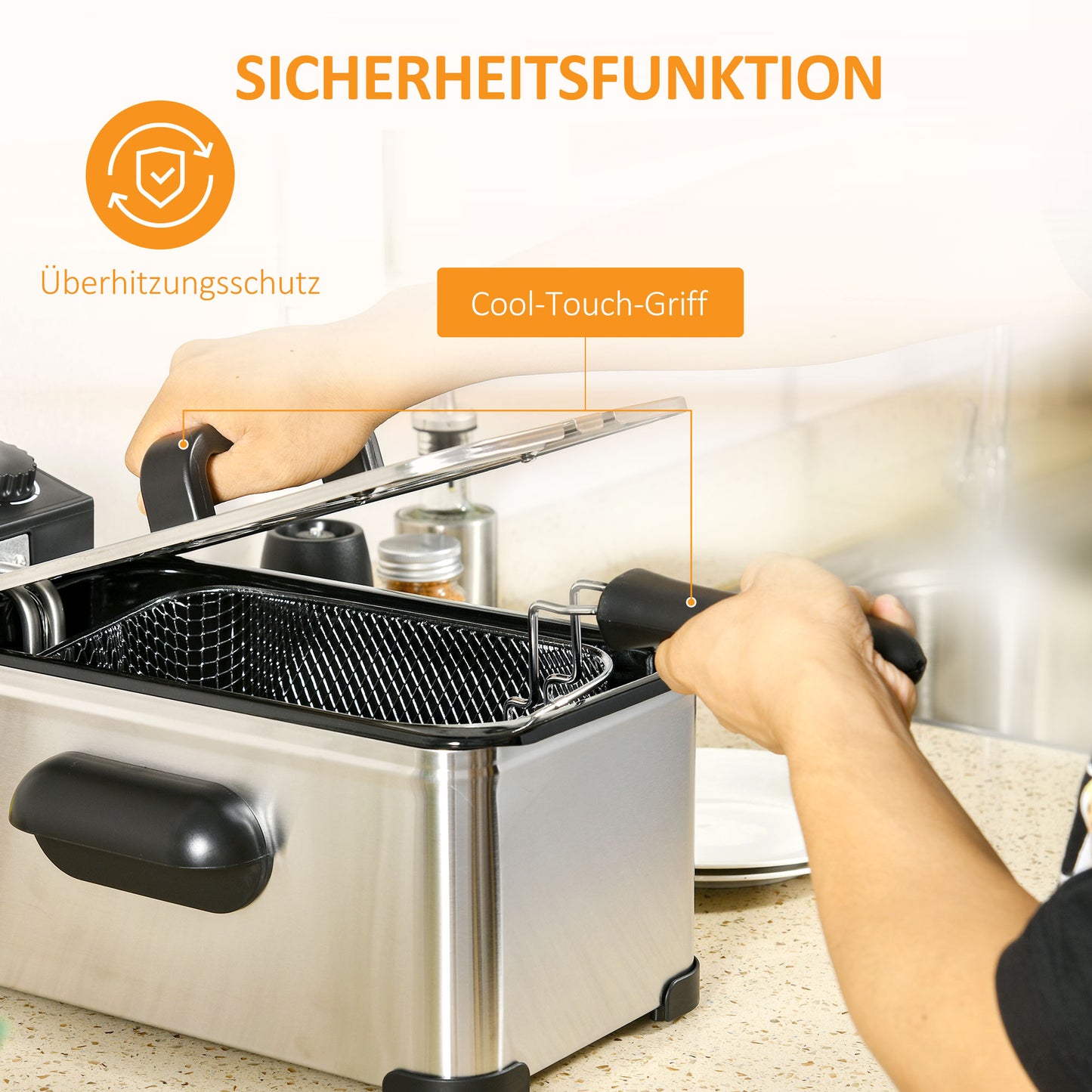 HOMCOM Fritteuse, 3 Liter, 2.000W Leistung, Klarsichtdeckel, kühler Griff, Schwarz