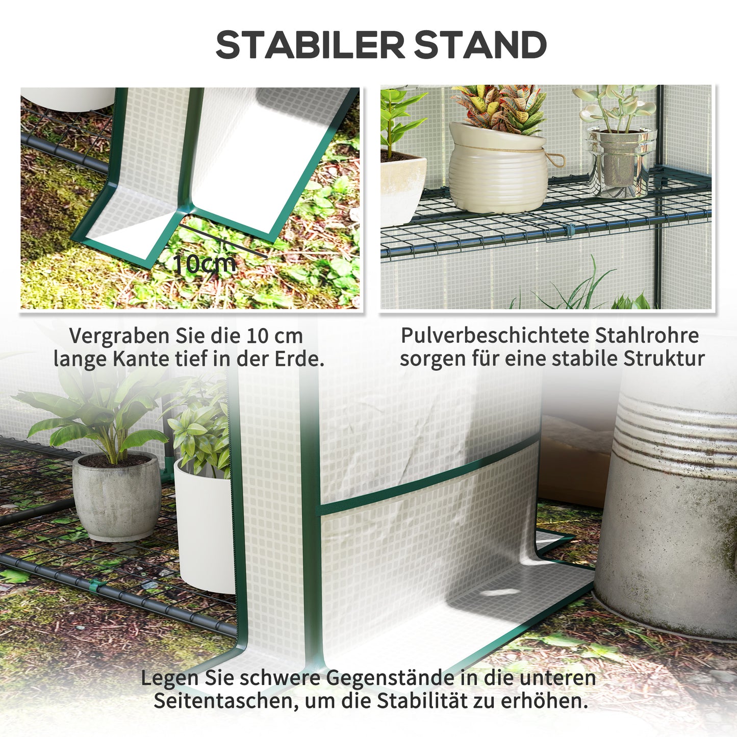 Outsunny Mini-Gewächshaus mit 3-Ebenen-Regal, Kunststoff-Abdeckung, UV-beständig, tragbar, Rolltür, 144 x 48 x 152 cm, Weiß