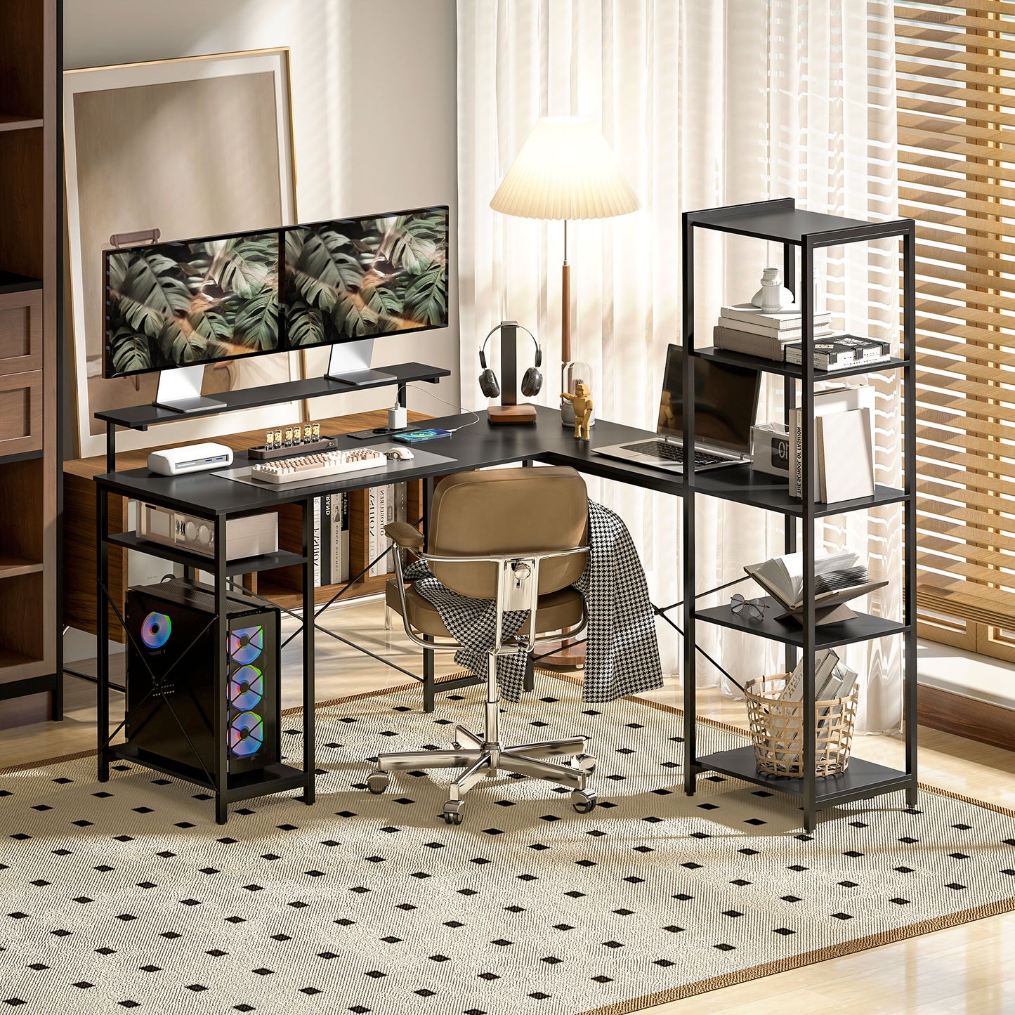 HOMCOM L-förmiger Schreibtisch mit Ladestation, Eck-Computertisch mit Monitorständer und Regalen, für Homeoffice, Büro, Schwarz