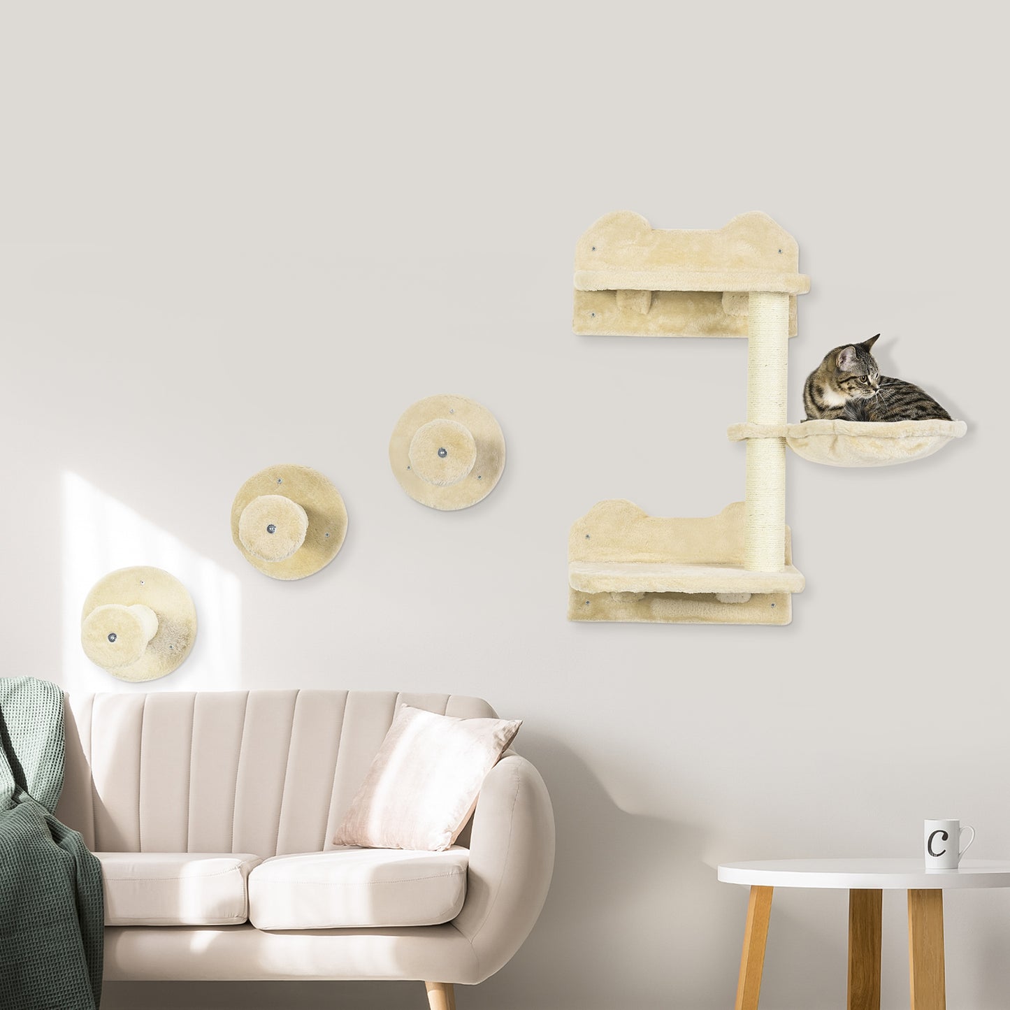 PawHut Kletterstufen, Kletterwand, Katzentreppe, 4-tlg. Set, mit Kratzbaum, Hängematte, beige+cremeweiß, 40 x 28 x 73cm