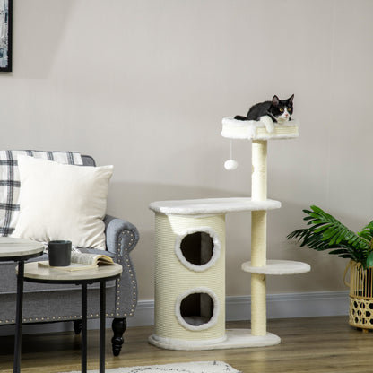 PawHut Kratzbaum mit Kratztonne, 1 Katzenbett und Katzenspielzeug, 59 cm x 35 cm x 100 cm, Cremeweiß