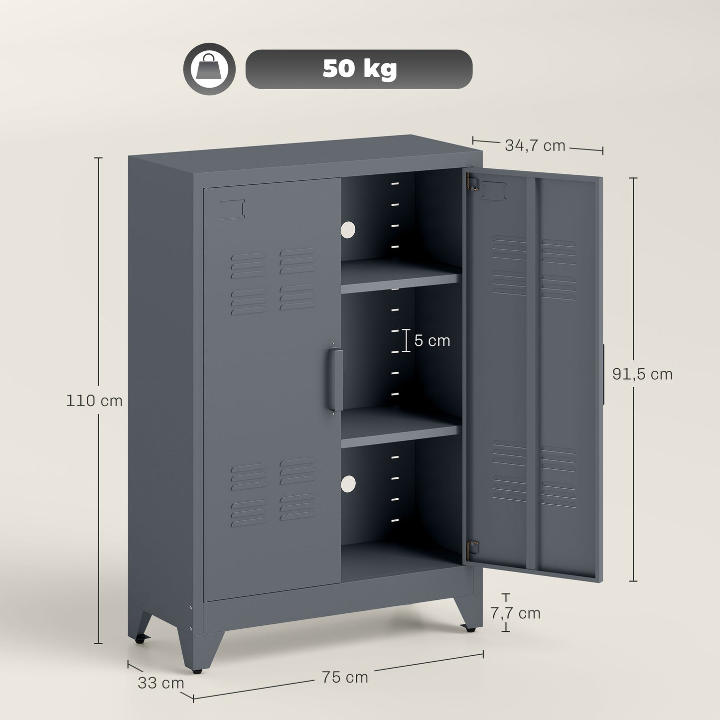 HOMCOM Aktenschrank mit Lamellentüren, Lagerschrank, Metallschrank mit 2 verstellbaren Einlegeböden, 75 x 33 x 110 cm, Grau
