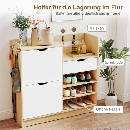 HOMCOM Schuhregal für Flur, Schuhschrank mit Kippschubladen, offenen Regalen, 4 Haken, für bis zu 14 Paar Schuhe, Natur