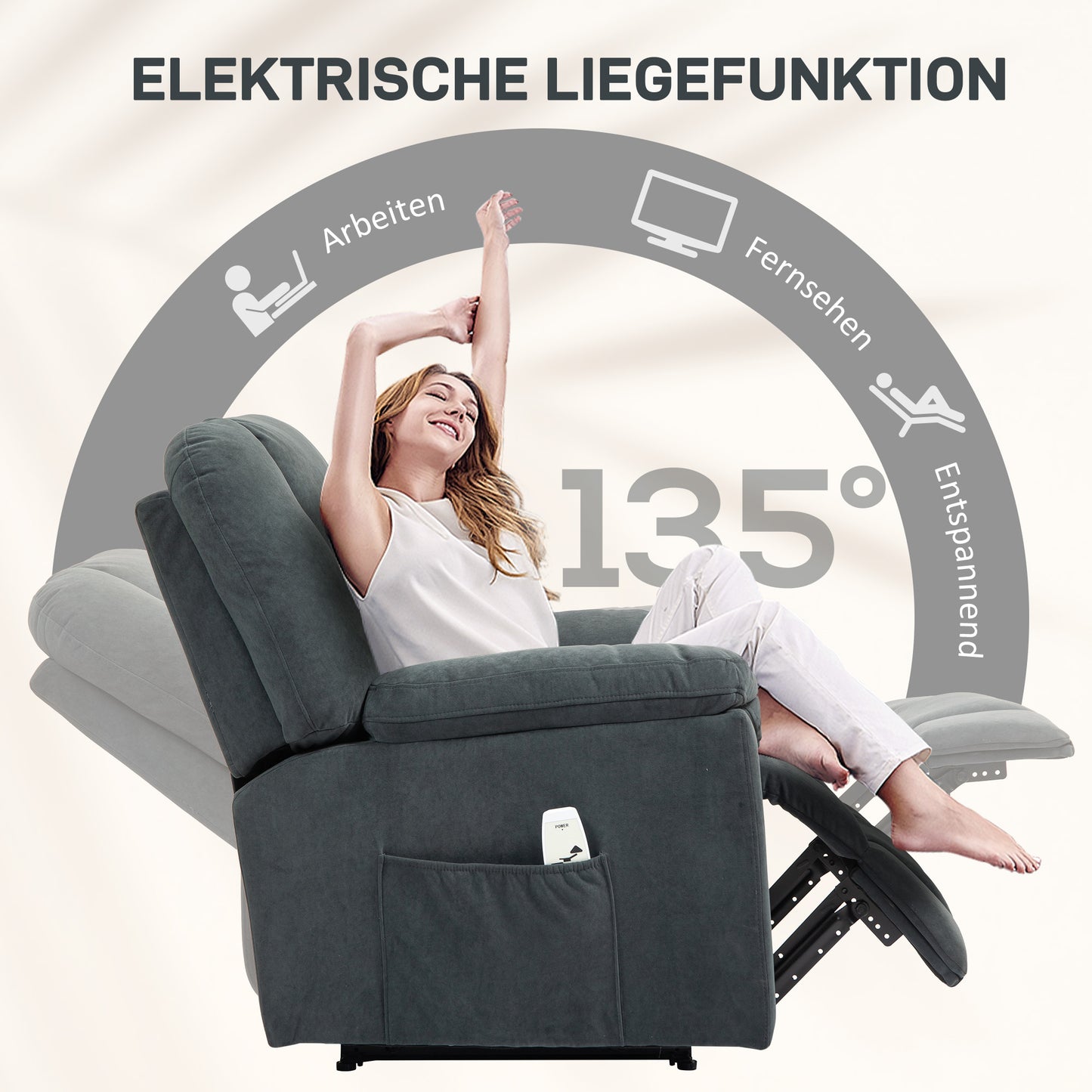 HOMCOM Elektrischer Relaxsessel mit Massage- und Wärme-Funktionen, Polstersessel mit USB-Anschluss, Seitentaschen, Grau
