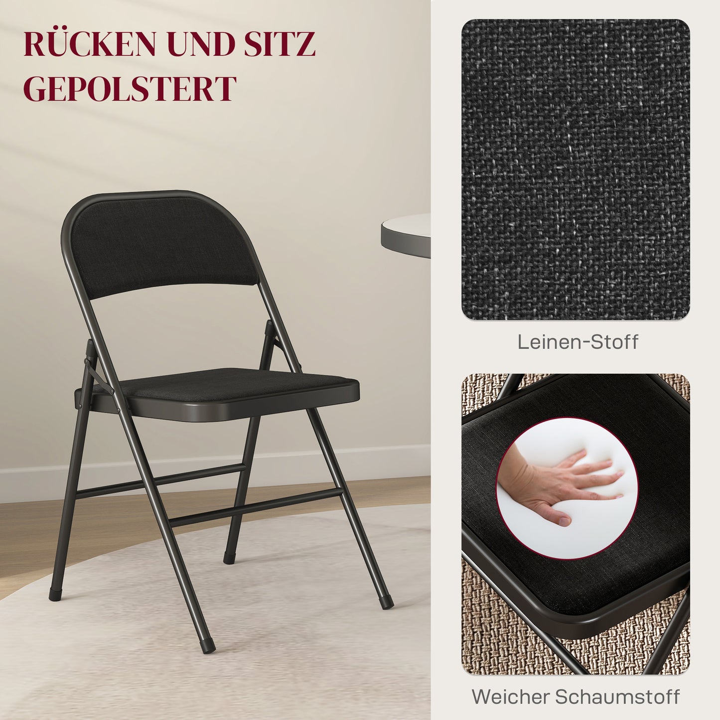 HOMCOM 4er-Set Klappstühle, Tragbare Bürostühle, Metallbeine, Faltstuhl für Büro, Empfang, Wartezimmer, Leinenoptik, Schwarz
