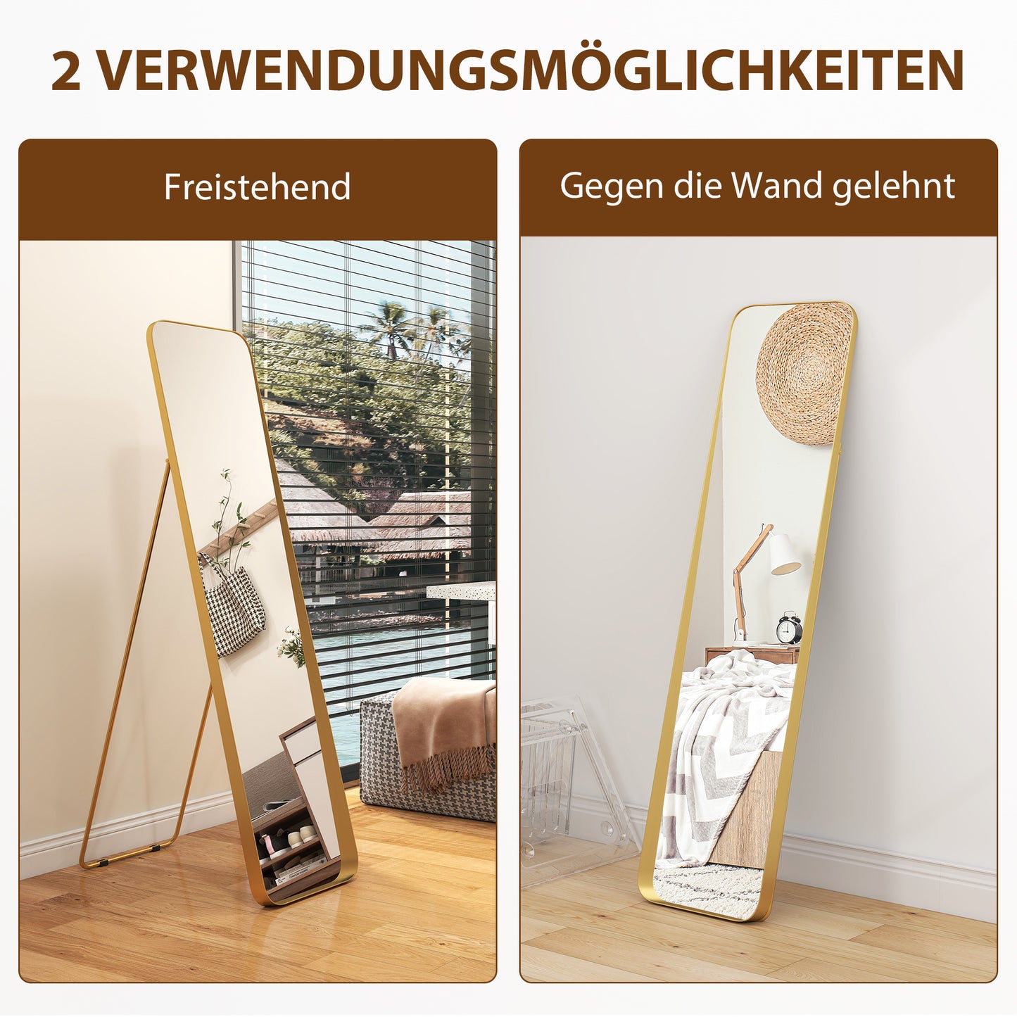 HOMCOM Ganzkörperspiegel, freistehend, neigbar, Metallrahmen, MDF, 160 x 40 cm, Goldfarben