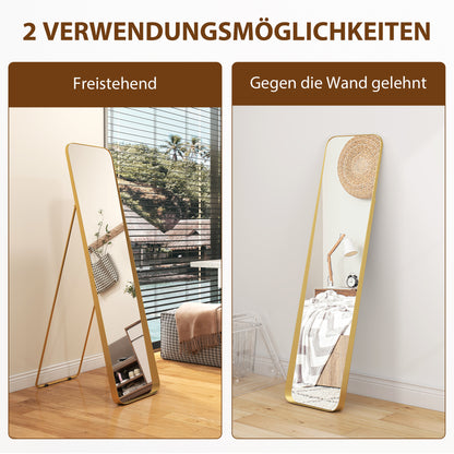 HOMCOM Ganzkörperspiegel, freistehend, neigbar, Metallrahmen, MDF, 160 x 40 cm, Goldfarben