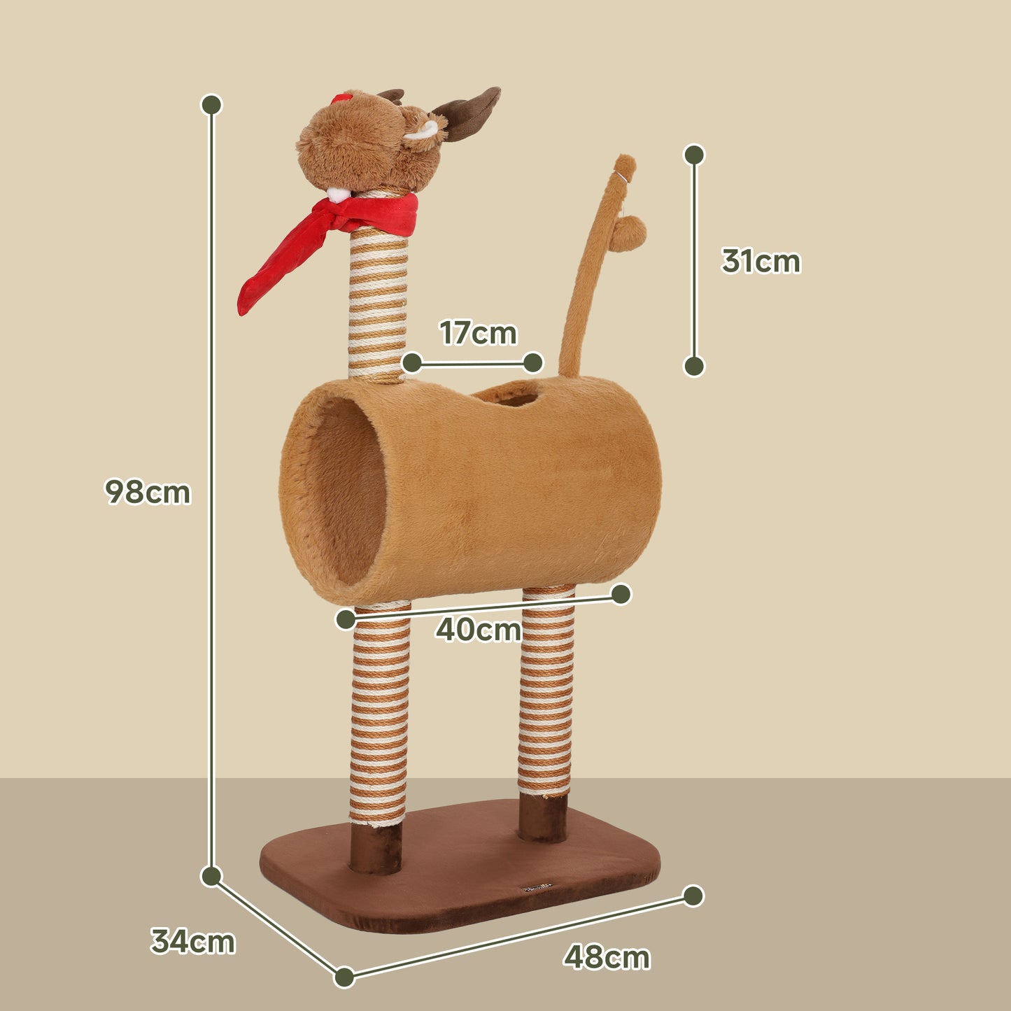PawHut Kratzbaum 98 cm Katzenturm im Hirschdesign, mit Höhle, Spielball, Jutestämme Braun