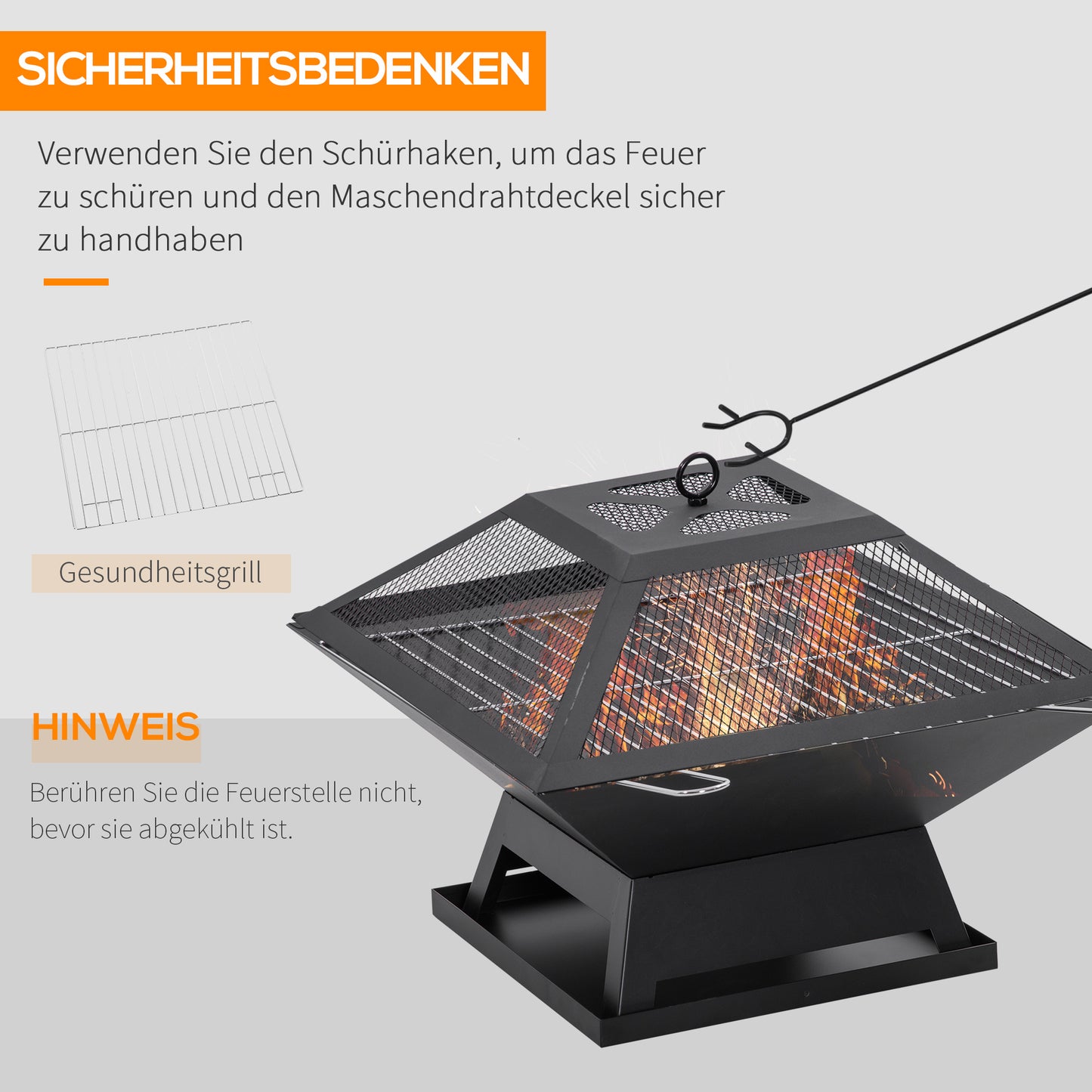 Outsunny Feuerschale 45 x 45 x 34cm aus Edelstahl Feuerstelle mit Funkenschutz Schürhaken Feuerschalen Feuerkorb für Garten, Balkon, BBQ Camping Schwarz
