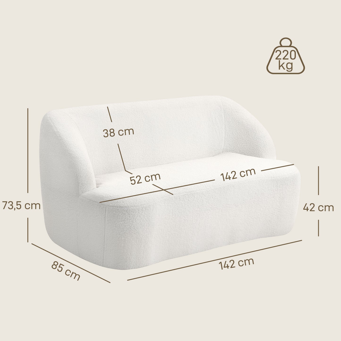 HOMCOM 2-Sitzer-Sofa, geschwungenes Design, Polstersofa mit Fleece-Bezug, für Wohnzimmer, Schlafzimmer, Homeoffice, Cremeweiß