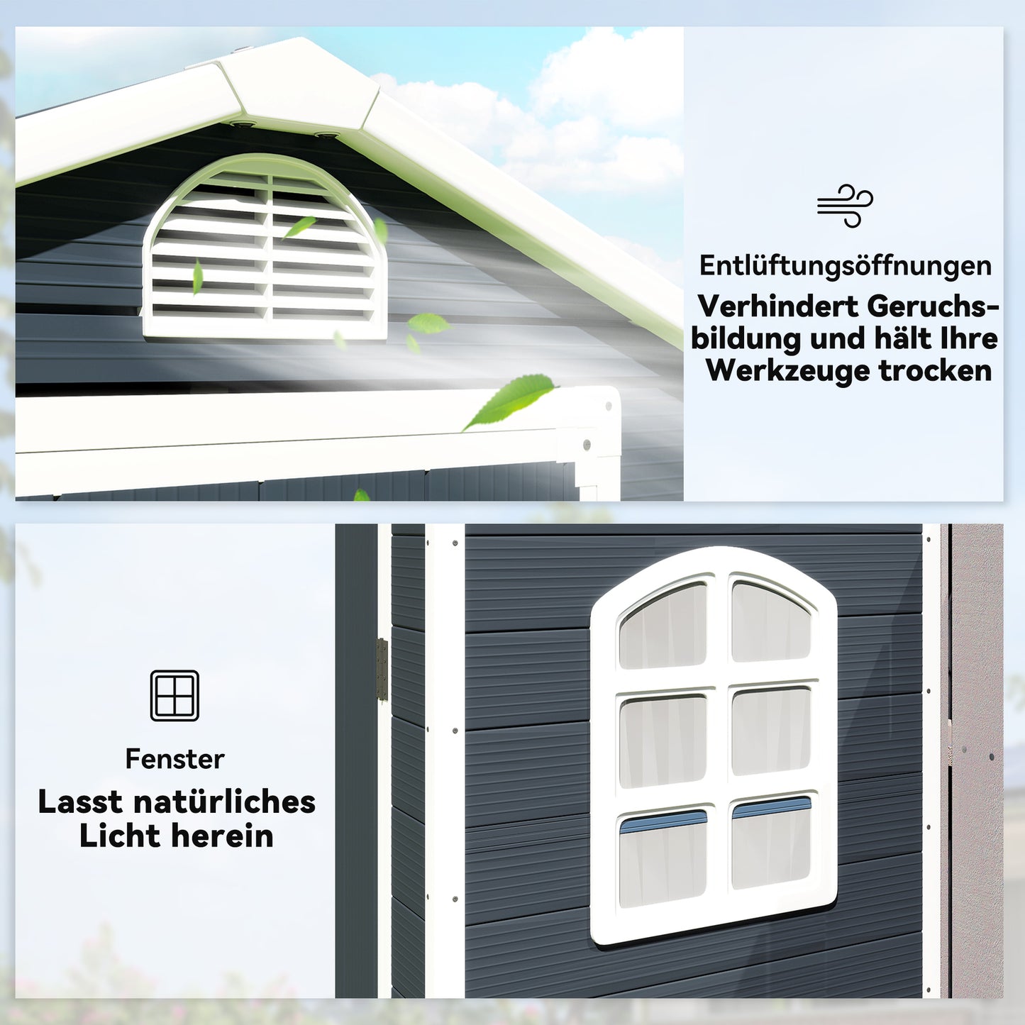 Outsunny Gerätehaus Kunststoff 1,9m² 134x104x204cm Geräteschuppen mit Satteldach Tür wetterfest Gartenhaus Outdoor Garten Schuppen Schrank für Hinterhof Außenbereich Dunkelgrau