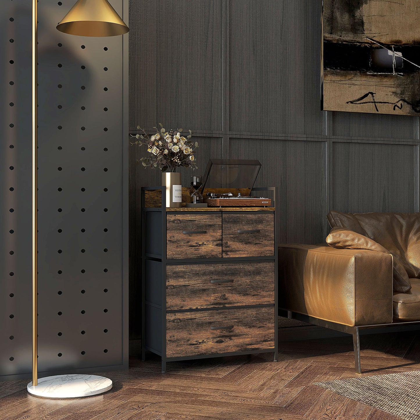 HOMCOM Kommode، خزانة جانبية، 4 Stoffschubladen، تصميم صناعي، 60x29x85 سم، Braun/Schwarz