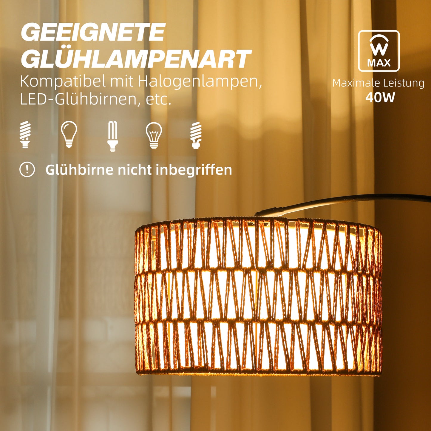 HOMCOM Stehlampe mit Hanfseil-Schirm, höhenverstellbar, Fußschalter, Metall, Schwarz