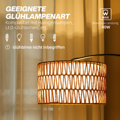 HOMCOM Stehlampe mit Hanfseil-Schirm, höhenverstellbar, Fußschalter, Metall, Schwarz